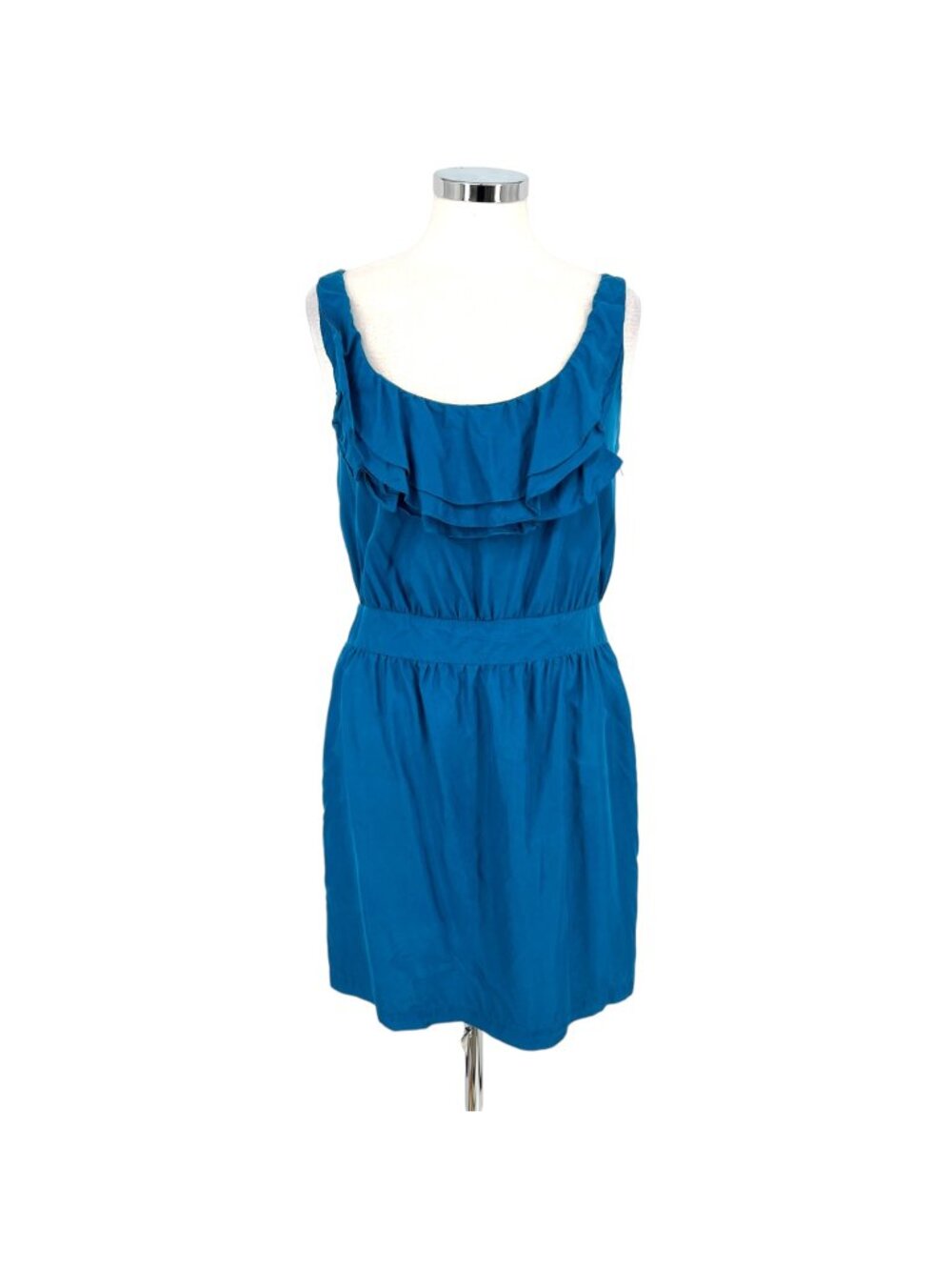 Loft Deep Peacock Blue Silk Ruffle Sleeveless A-Line Scoopneck Dress Size 8